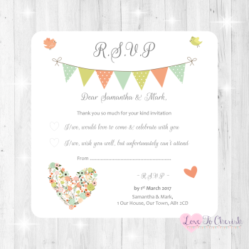 Shabby Chic Flower Heart & Bunting Wedding RSVP Cards
