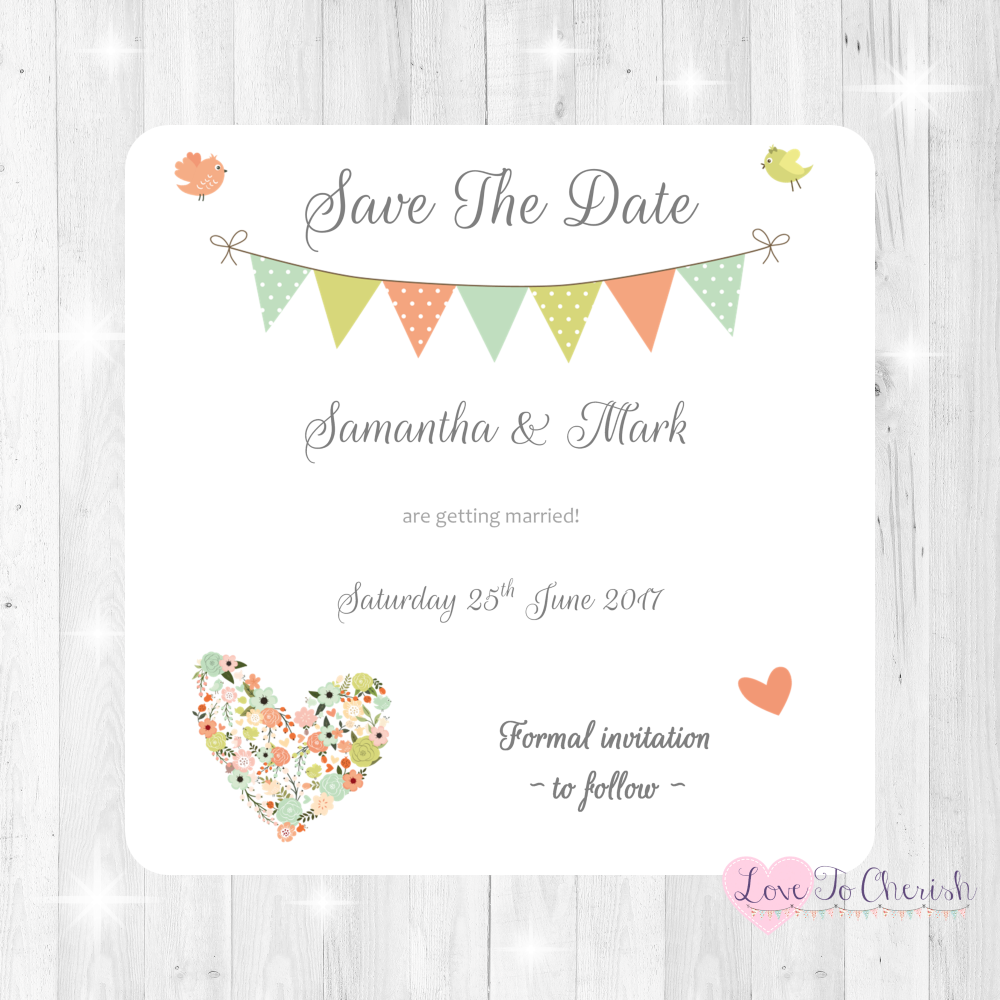 Shabby Chic Flower Heart & Bunting Wedding Save The Date Cards