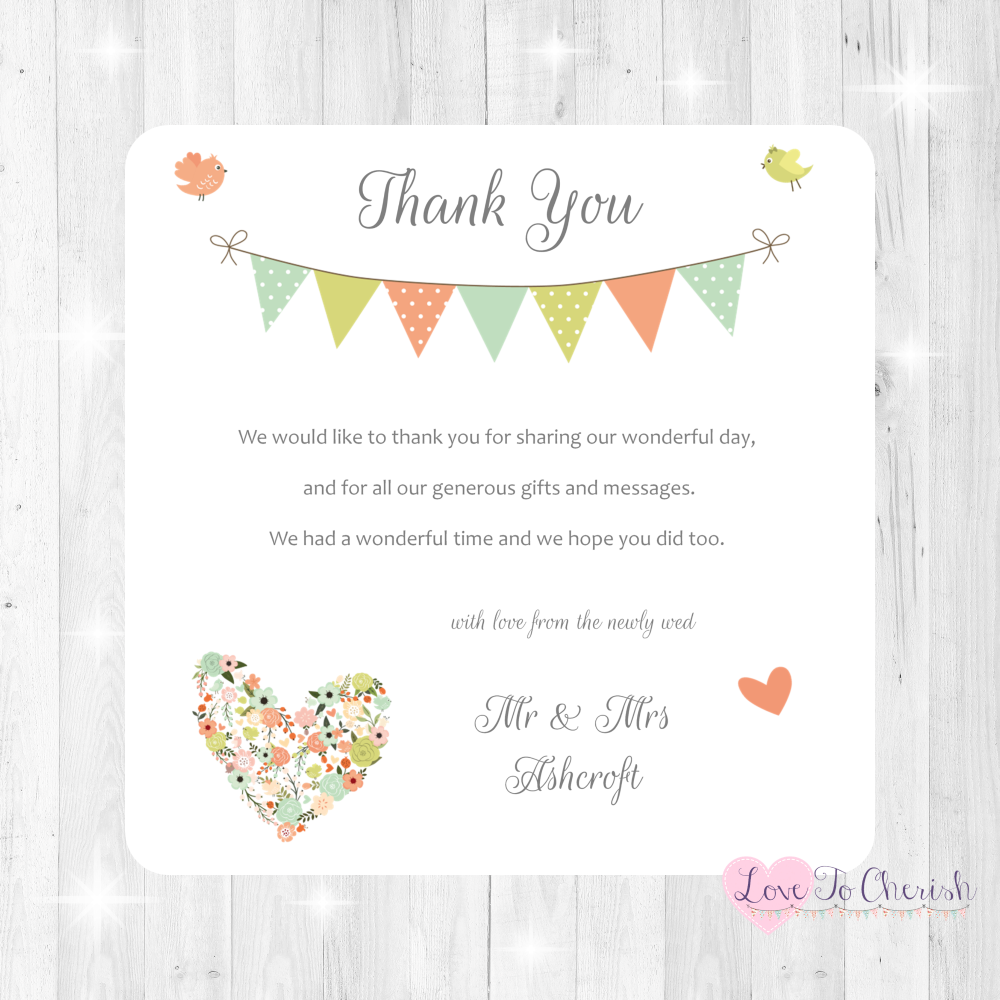 Shabby Chic Flower Heart & Bunting Wedding Thank You Cards