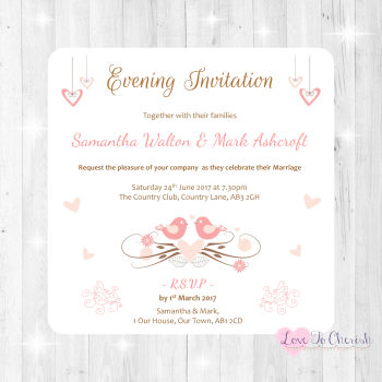 Shabby Chic Hanging Hearts & Love Birds Wedding Evening Invitations