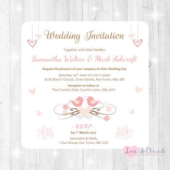 Shabby Chic Hanging Hearts & Love Birds Wedding Invitations