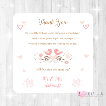 Shabby Chic Hanging Hearts & Love Birds Wedding Thank You Cards
