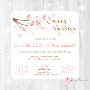 Shabby Chic Hearts & Love Birds in Tree Wedding Evening Invitations