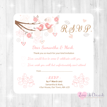 Shabby Chic Hearts & Love Birds in Tree Wedding RSVP Cards