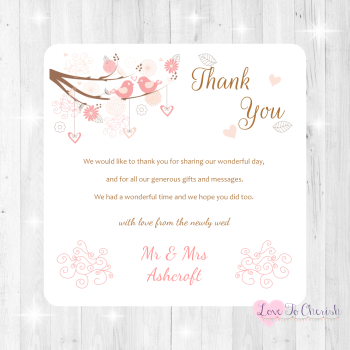 Shabby Chic Hearts & Love Birds in Tree Wedding Thank You Cards