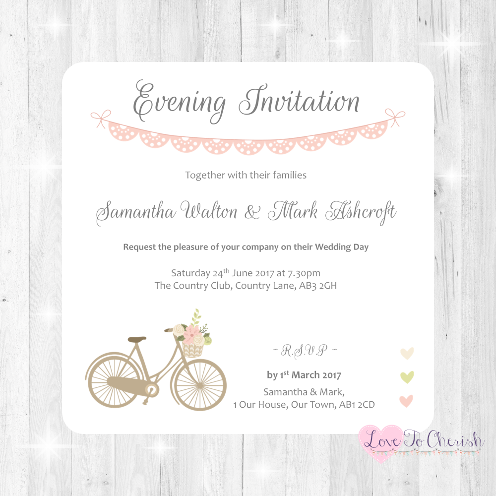 Vintage Bike/Bicycle Shabby Chic Pink Lace Bunting Wedding Evening Invitati