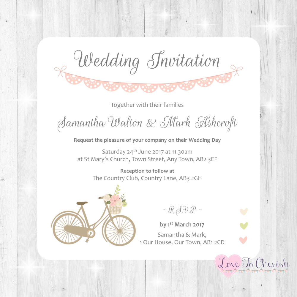Vintage Bike/Bicycle Shabby Chic Pink Lace Bunting Wedding Invitations