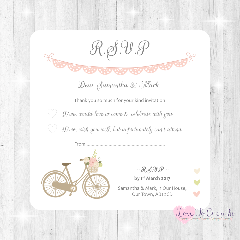 Vintage Bike/Bicycle Shabby Chic Pink Lace Bunting Wedding RSVP Cards