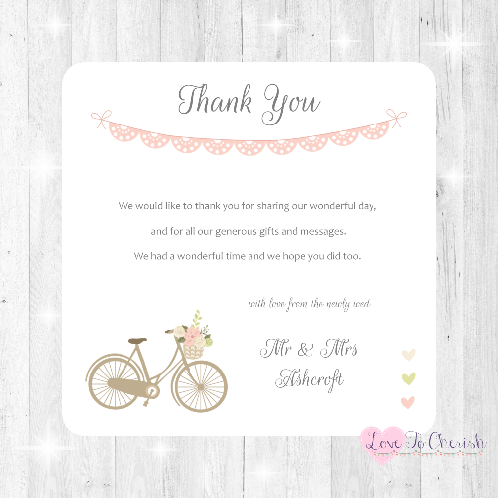 Vintage Bike/Bicycle Shabby Chic Pink Lace Bunting Wedding Thank You Cards