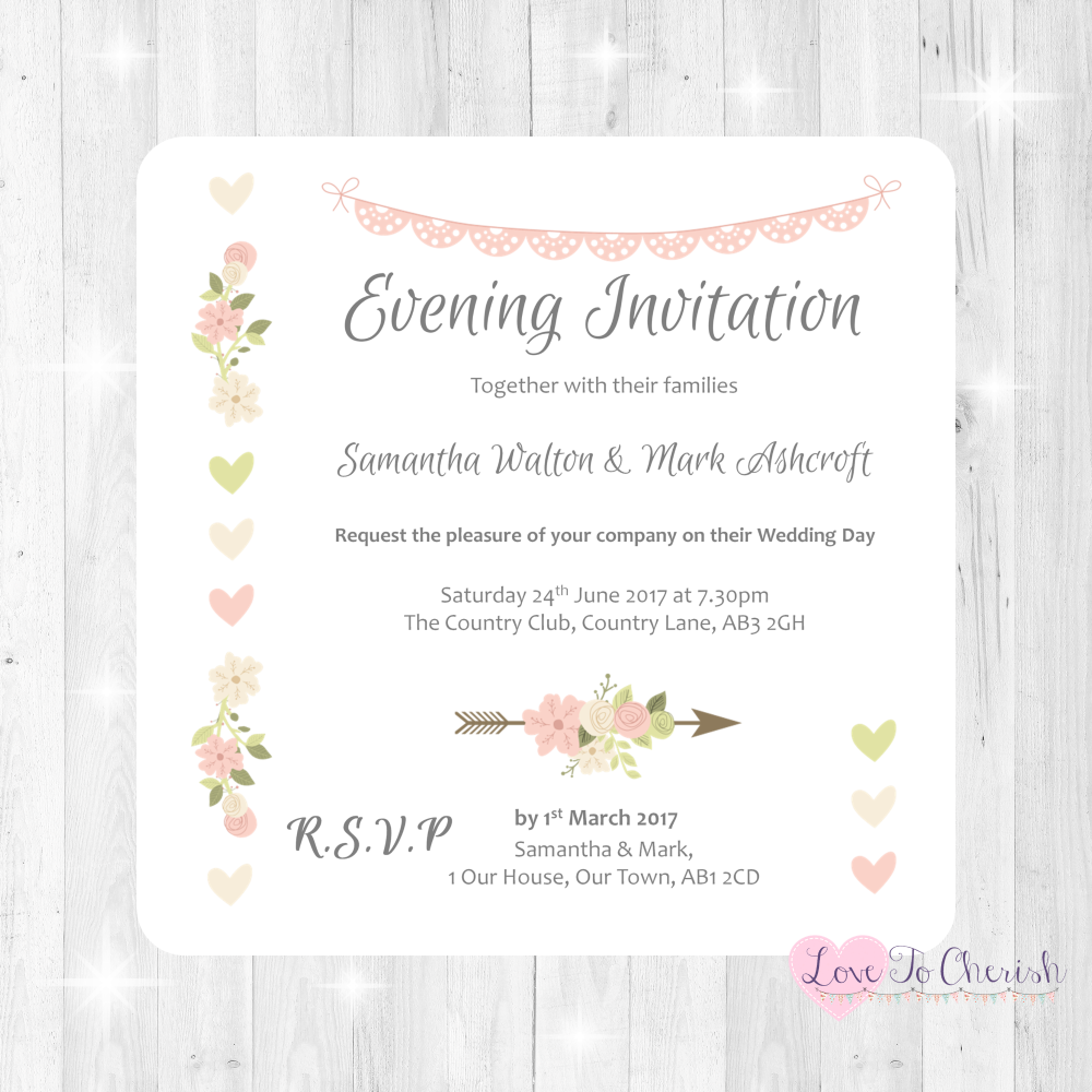 Vintage Flowers & Hearts Wedding Evening Invitations