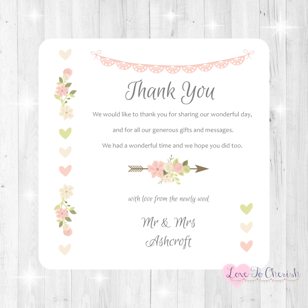 Vintage Flowers & Hearts Wedding Thank You Cards