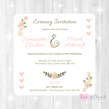Vintage/Shabby Chic Flowers & Pink Hearts Wedding Evening Invitations