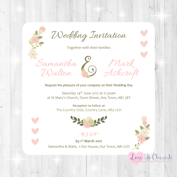 Vintage/Shabby Chic Flowers & Pink Hearts Wedding Invitations