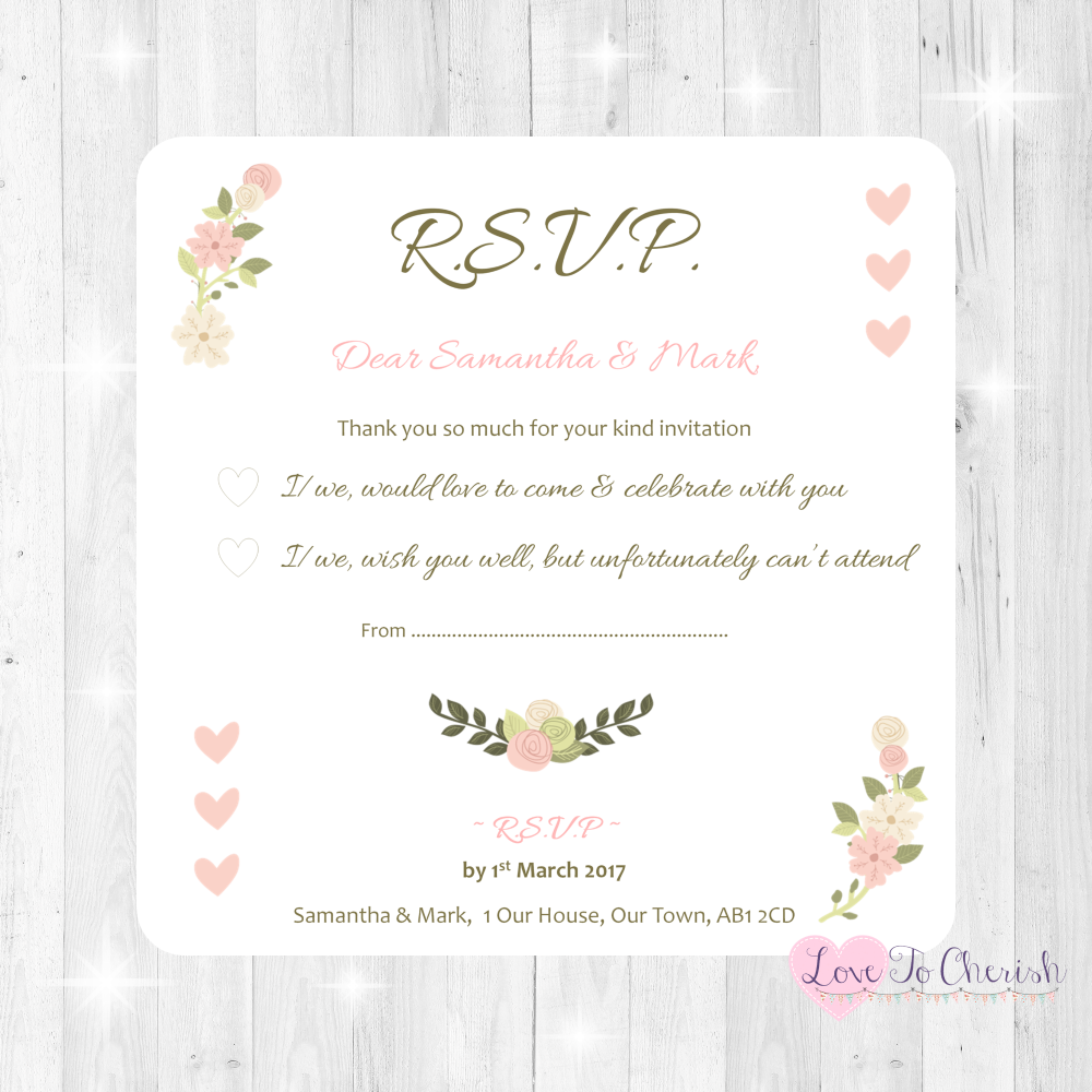 Vintage/Shabby Chic Flowers & Pink Hearts Wedding RSVP Cards