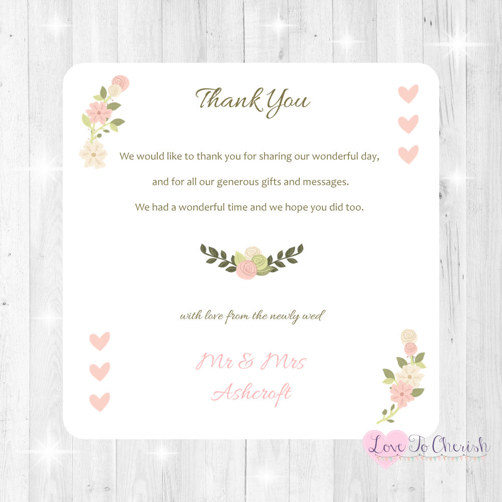 Vintage/Shabby Chic Flowers & Pink Hearts Wedding Thank You Cards