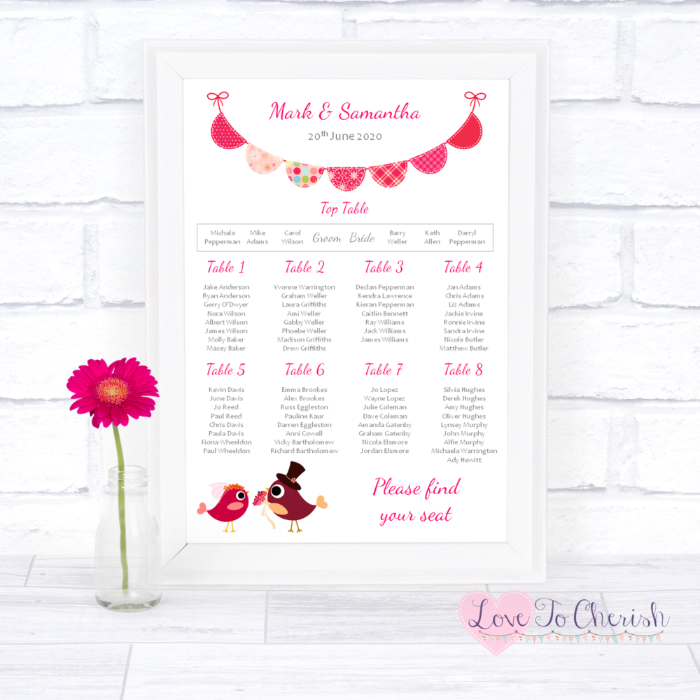 Wedding Table Plan - Bride & Groom Cute Love Birds Dark Pink | Love To Cher