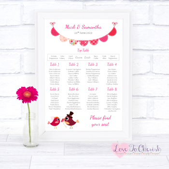 Wedding Table Plan - Bride & Groom Cute Love Birds Dark Pink