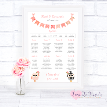 Wedding Table Plan - Bride & Groom Cute Owls & Bunting Peach