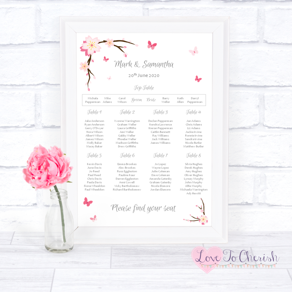 Wedding Table Plan - Cherry Blossom & Butterflies | Love To Cherish