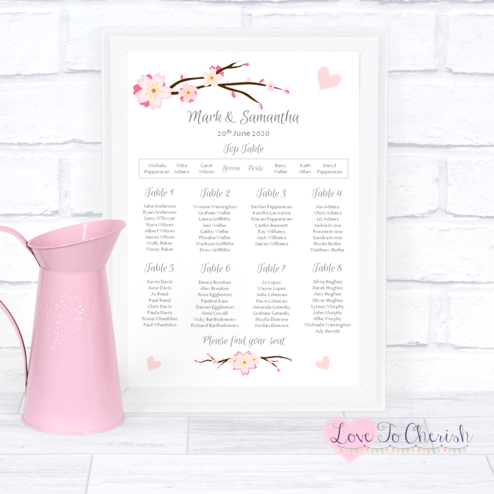 Wedding Table Plan - Cherry Blossom & Pink Hearts | Love To Cherish