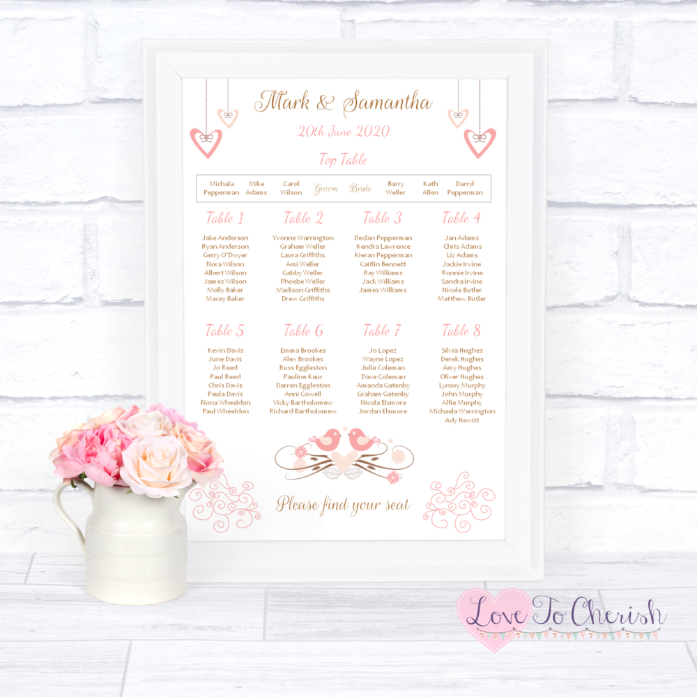 Wedding Table Plan - Shabby Chic Hanging Hearts & Love Birds | Love To Cher