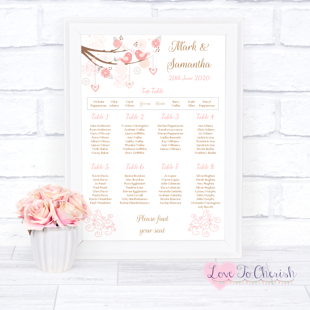 Wedding Table Plan - Shabby Chic Hearts & Love Birds in Tree | Love To Cher