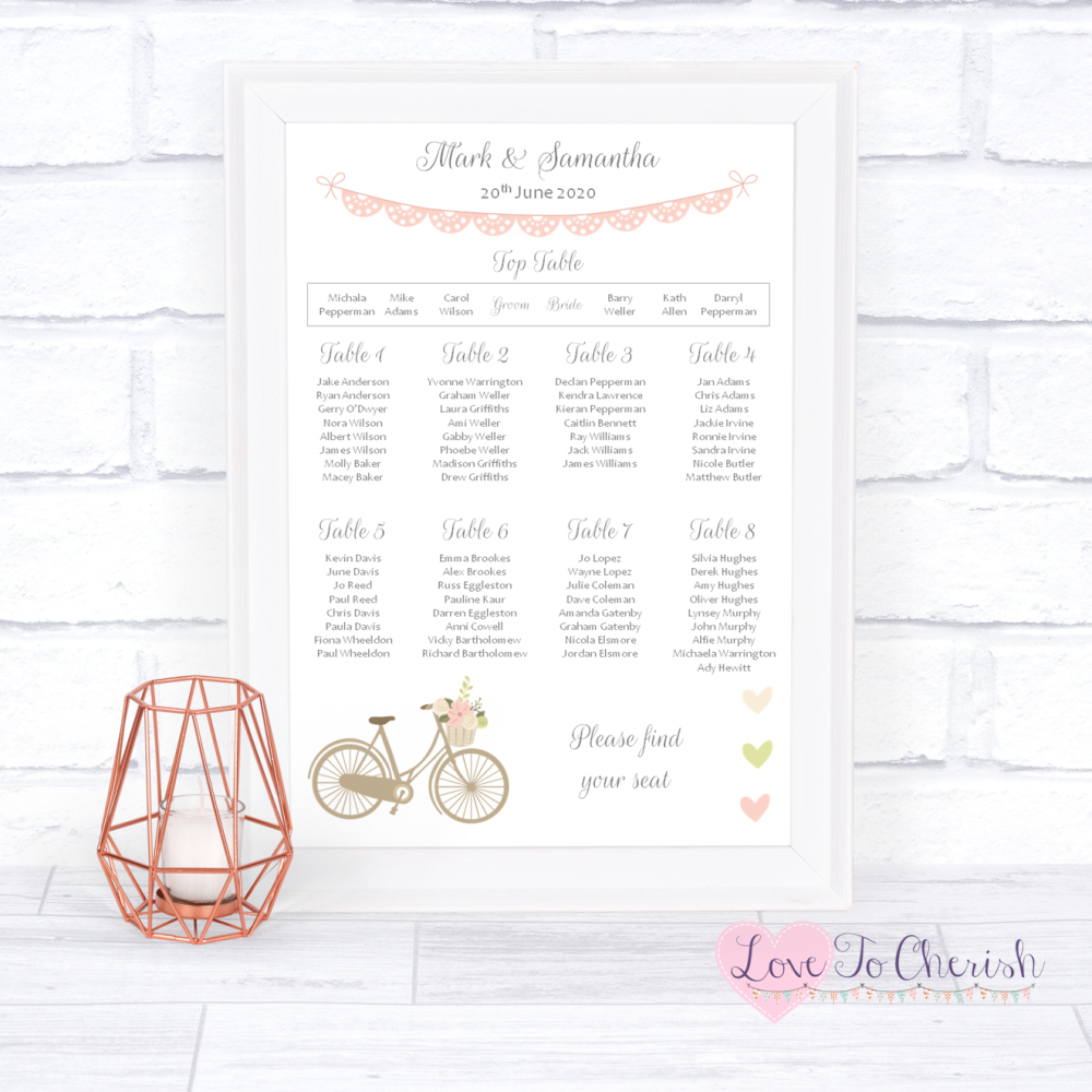 Wedding Table Plan - Vintage Bike/Bicycle Shabby Chic Pink Lace Bunting | L