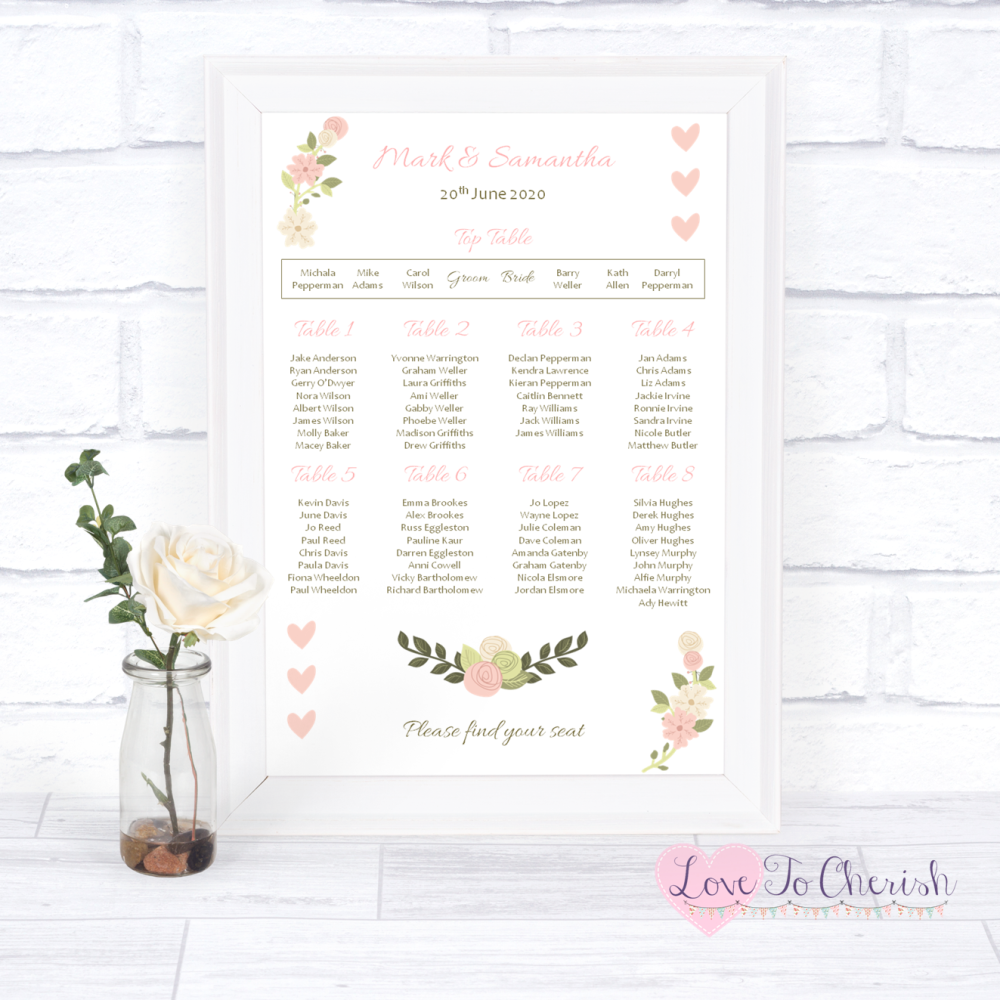 Wedding Table Plan - Vintage/Shabby Chic Flowers & Pink Hearts | Love To Ch
