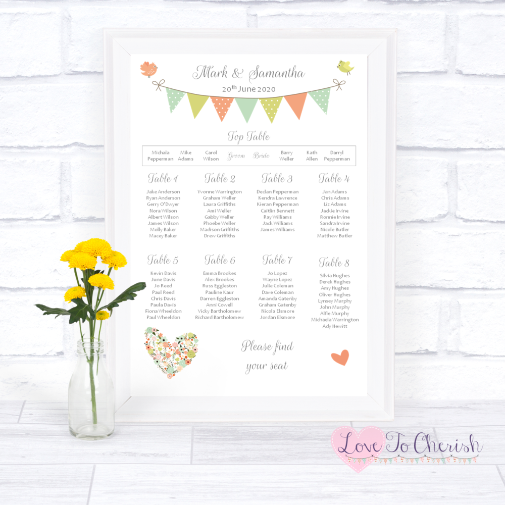 Wedding Table Plan - Shabby Chic Flower Heart & Bunting | Love To Cherish