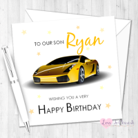 Yellow Sports Car Personalised Birthday Card