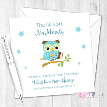 Blue Owl on Branch Personalised Teacher Card