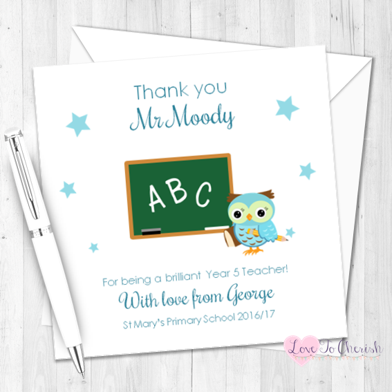 Blue Owl with Chalkboard Personalised Teacher Card | Love To Cherish