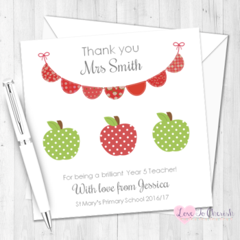 Green & Red Apples & Bunting Personalised Teacher Card