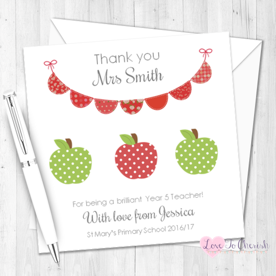 Green & Red Apples & Bunting Personalised Teacher Card | Love To Cherish