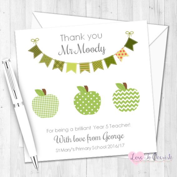 Green Apples & Bunting Personalised Teacher Card | Love To Cherish