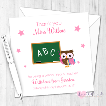 Pink  Owl with Chalkboard Personalised Teacher Card