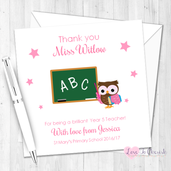 Pink  Owl with Chalkboard Personalised Teacher Card | Love To Cherish