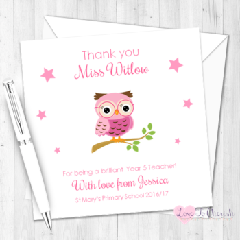 Pink Owl on Branch Personalised Teacher Card