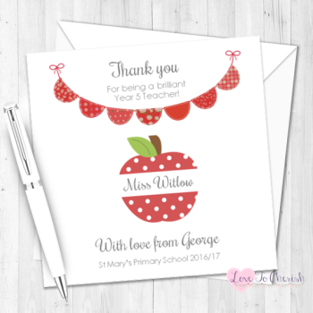 Red Apple & Bunting Personalised Teacher Card