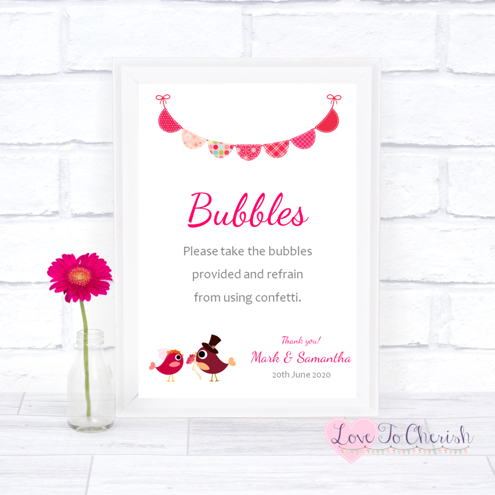 Bubbles Wedding Sign - Bride & Groom Cute Love Birds Dark Pink | Love To Ch