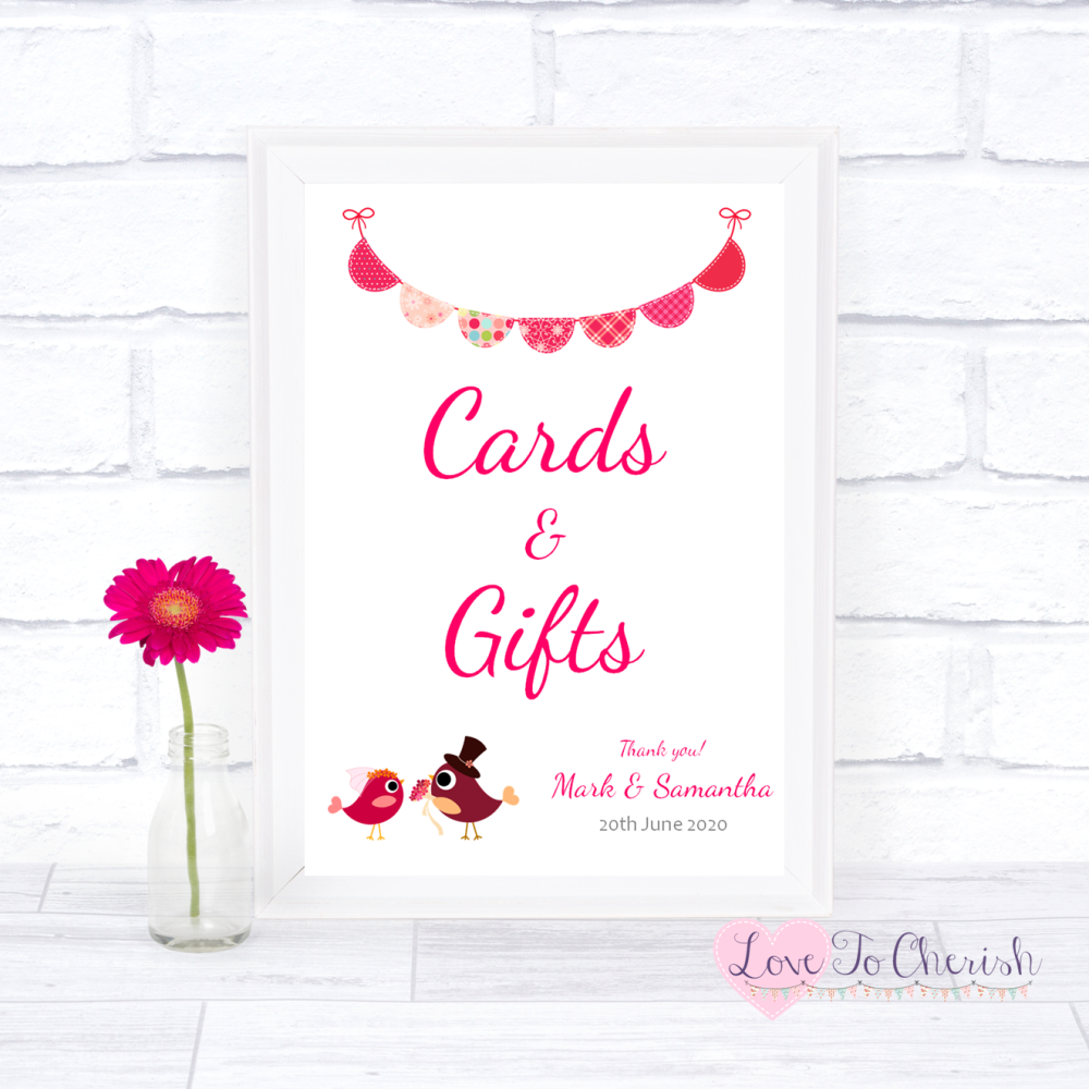 Cards & Gifts Wedding Sign - Bride & Groom Cute Love Birds Dark Pink | Love
