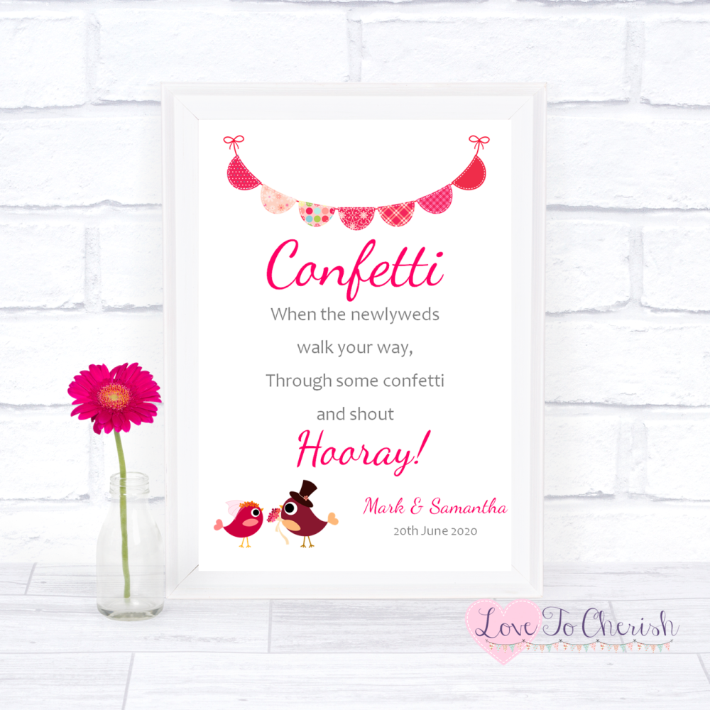 Confetti Wedding Sign - Bride & Groom Cute Love Birds Dark Pink | Love To C