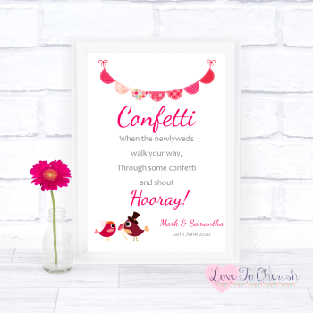 Bride & Groom Cute Love Birds Dark Pink - Confetti - Wedding Sign