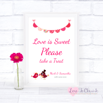 Bride & Groom Cute Love Birds Dark Pink - Love Is Sweet - Wedding Sign