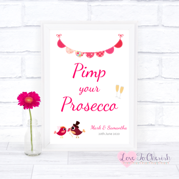 Bride & Groom Cute Love Birds Dark Pink - Pimp Your Prosecco - Wedding Sign