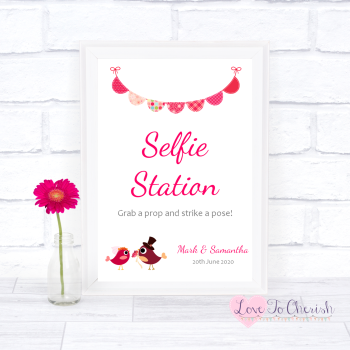 Bride & Groom Cute Love Birds Dark Pink - Selfie Station - Wedding Sign