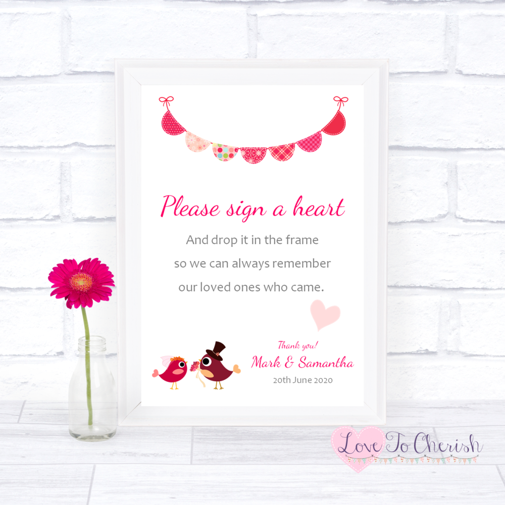 Sign A Heart Wedding Sign - Bride & Groom Cute Love Birds Dark Pink | Love 