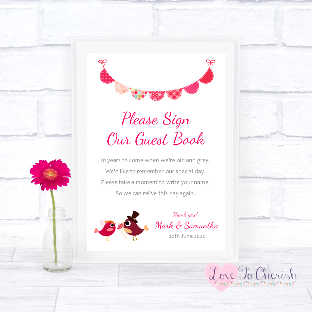 Sign Our Guest Book Wedding Sign - Bride & Groom Cute Love Birds Dark Pink 