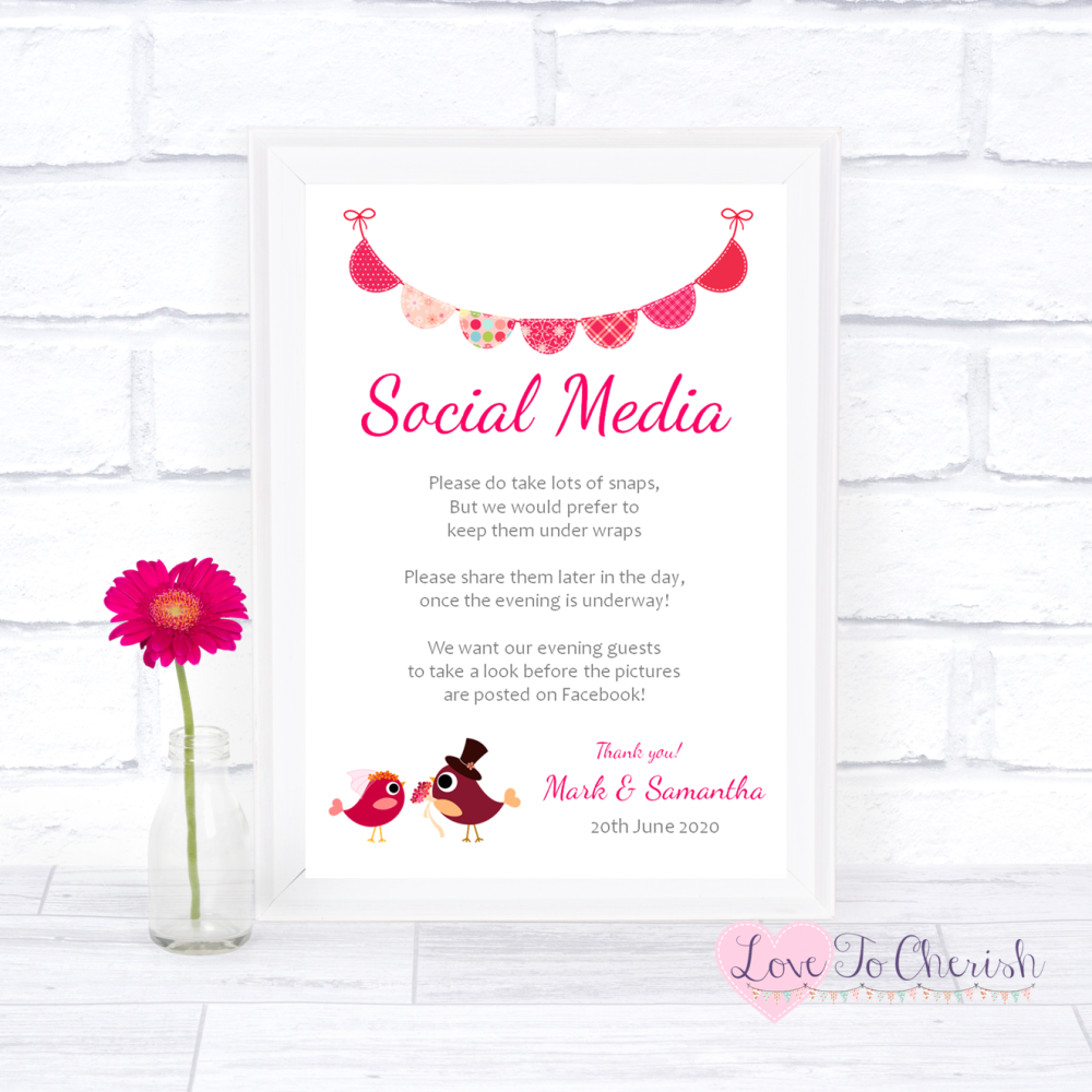 Social Media Wedding Sign - Bride & Groom Cute Love Birds Dark Pink | Love 