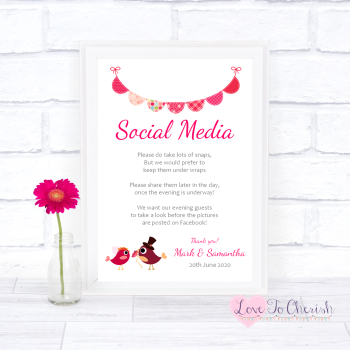 Bride & Groom Cute Love Birds Dark Pink - Social Media - Wedding Sign
